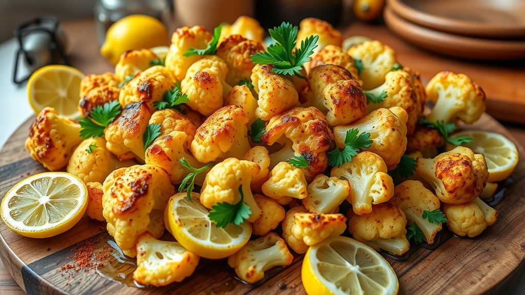 Savory Roasted Cauliflower Recipe A savory roasted cauliflower dish with golden florets, garnished with parsley and lemon wedges.